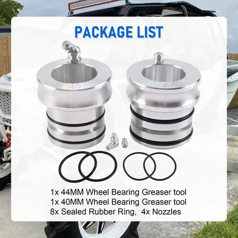Product package showing 44 40mm Front And Rear Wheel Bearing Greaser Tool For Polaris Ranger and accessories on display
