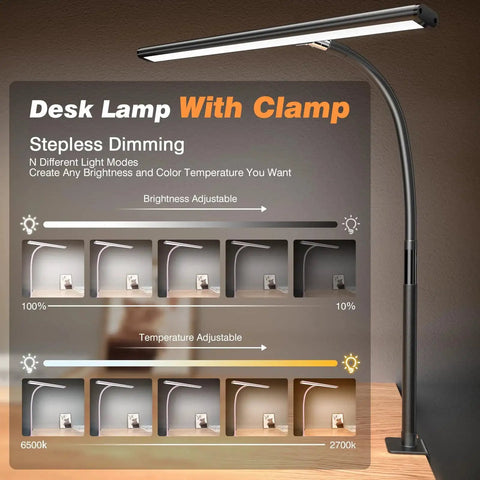 Image of a Dimmable LED Desk Lamp With Flexible Gooseneck And Clamp for Office and Home, featuring adjustable brightness and color temperature settings.