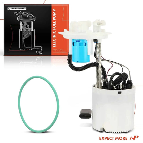 Electric Fuel Pump Module Assembly With Sending Unit For Ford F-150 2015 2019 V6 2.7L 3.5L Engines Without Extended Range Tank Direct Replacement Designed For Easy Drop In Installation And Long Lasting Performance, showing pump, wiring, and sealing ring with box.