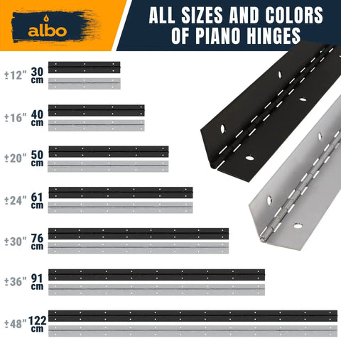 Various sizes of matte black and silver piano hinges, showing the 36 Inch Matte Black Continuous Piano Hinge Stainless Steel 304 2 Pack.