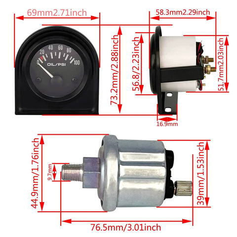 Pro Grade 52mm Oil Pressure Gauge Kit With Sensor For Gearheads In Cars And Trucks, 0 To 100 PSI Range, 12V DC Power, dimensions shown