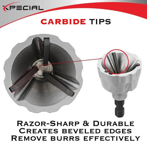 Close-up of deburring external chamfer tool with tungsten carbide blade for drill attachments, highlighting carbide tips.