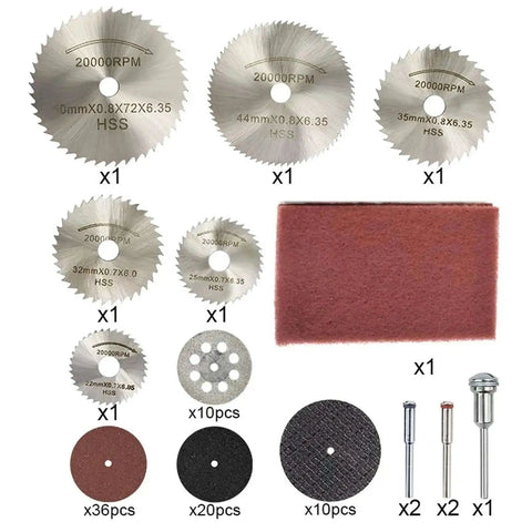 88 Piece Electric Sander Accessory Kit with circular saw blades, sandpaper, grinding discs, 8 hole saw blades, high speed steel bits, resin sheets