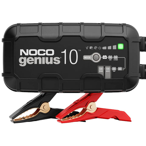 Genius10 All In One 6V 12V Smart Battery Charger And Maintainer For Lead Acid And Lithium By NOCO, top view with red and black clips.