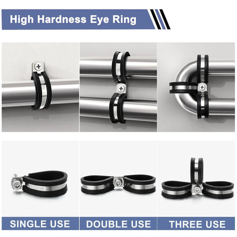 112 Piece Cable Clamps Kit Stainless Steel 304 Rubber Cushioned Assortment For Hoses Tubes Automotive Fuel Line And Wiring Ten Sizes From One Quarter Inch To One And Three Quarters Inch Anti Rust Waterproof Oil Proof Salt Resistant showing single, double, and triple use on pipes.
