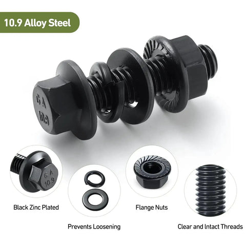 Close-up of All-In-One Metric Flange Bolt Kit With 360 Pieces M6 Bolts And Serrated Nuts Plus Washers And Lock Washers Heavy Duty 10.9 Alloy Steel Black Zinc Plated