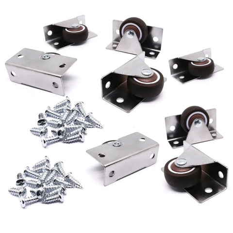 Low Profile Fixed Caster Wheels For Narrow Furniture Spaces Ideal For Drawers Cabinets And Trundle Beds Side Mount Non Swivel One And A Quarter Inch Small Wheel Set Of Four Load Thirty Six Lbs Each Concealed Design For Easy Furniture Renovation, shown with screws