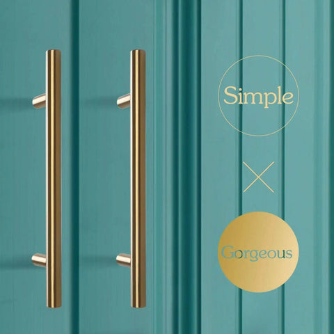 Two gold T shaped bar cabinet pulls on teal door, 6 Inch T Shaped Bar Cabinet Pulls 8 Pack Stainless Steel Handles With 96mm Hole Center.