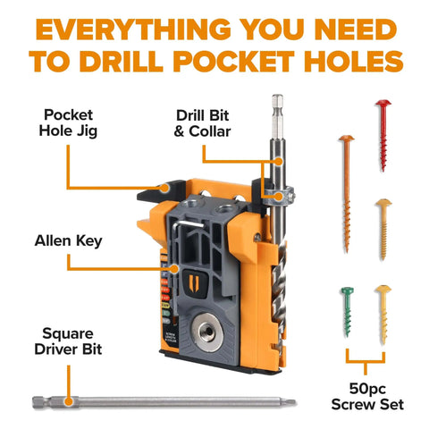 Mini Pocket Hole Jig Kit Auto Adjusting Portable System For Woodworking Pro Grade Self Calibrating Precision With Calipers And Stop Collar For Angled Holes And Strong Joints Complete Pocket Screw Jig Tool Set displayed with drill bits and screws