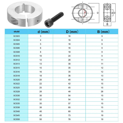 Heavy Duty 8mm Bore Double Split Shaft Collar Clamp Style Four Pack With 18mm Outer Diameter And 9mm Thick 45 Carbon Steel Locking Collars Set Screws For Machine Tools Industrial Applications Black Patikil with table and diagram.