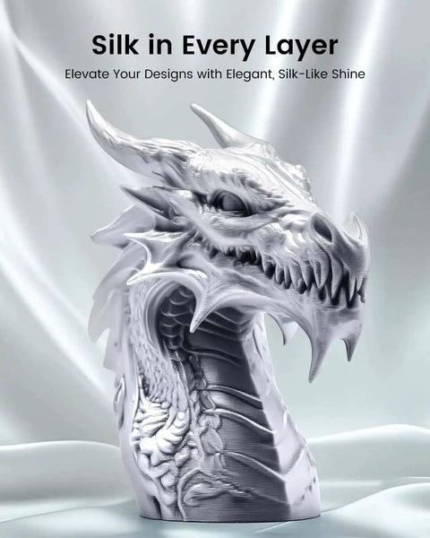 3D printed dragon using Silk PLA Plus Filament 1.75mm 1kg Silver With Chrome Like Gloss Finish And Smooth Silk Texture