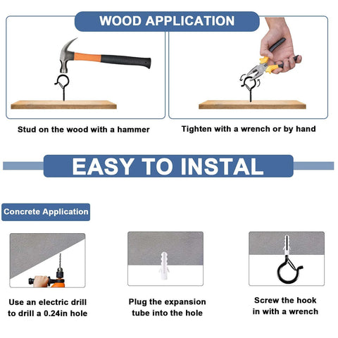 Instructions showing wood and concrete application for installing hooks with tools like a hammer and wrench.
