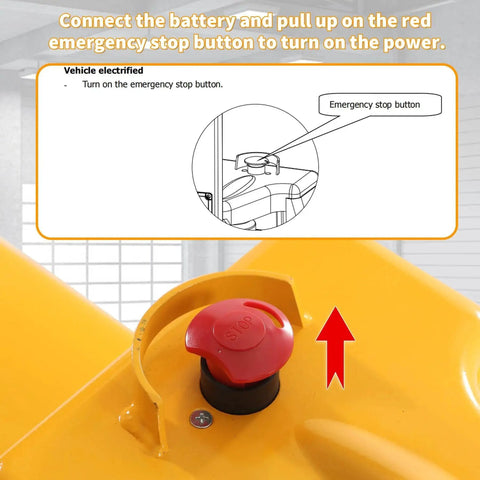 APOLLOLIFT electric pallet jack front view with red emergency stop button on yellow chassis
