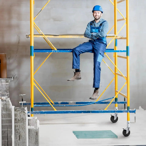 Man sitting on scaffolding with 5 Inch Scaffolding Casters Set of 2 With Dual Locking Brakes, heavy duty build visible.
