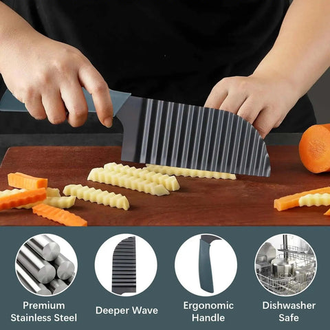 Restaurant-Quality Crinkle Cutter Knife For Veggies And Potatoes being used to slice carrots on a cutting board, stainless steel knife with rubber handle.