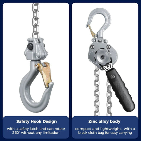 Safety hook and body of Mini Lever Chain Hoist 1100Lbs 0.5T with 10 Ft Lift Aluminum Alloy Come Along G80 Chain