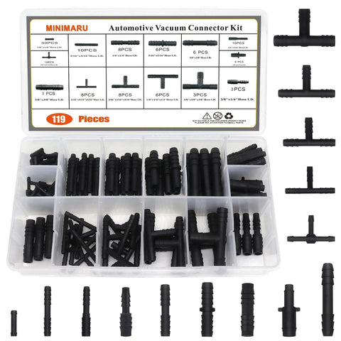 Pro Grade Nylon Black Vacuum Hose Connector Kit For Cars 119-Piece in clear storage box with various connectors visible
