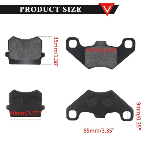 PRO BAT front hydraulic brake pad kit; black pads for 50cc–125cc ATVs, set of 4, shown in multiple views.