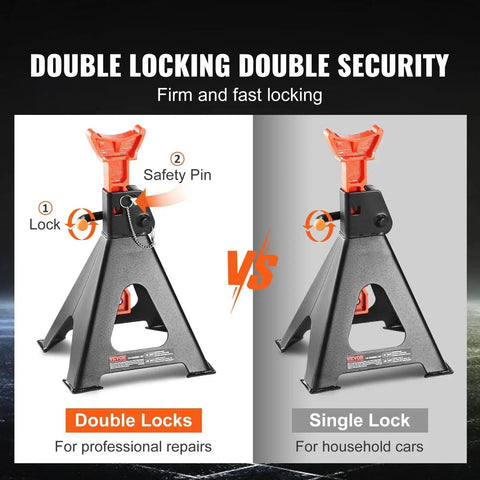 Comparison of double locking and single lock jack stands for 6 Ton Jack Stands With Double Locking Adjustable 14.2 To 23 Inches For SUV UTV