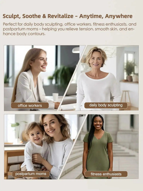 Four women representing office workers, daily body sculpting, postpartum moms, and fitness enthusiasts in a promotional image.