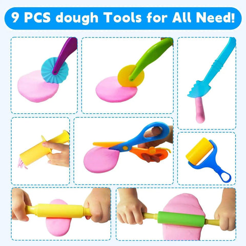 Creative 28 Piece Dough And Clay Tools Kit For Kids showing various cutters, rollers, and safety scissors for crafting clay and dough.