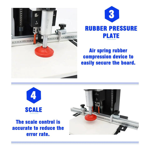 110V Pneumatic Hinge Boring Insertion Machine with rubber pressure plate and scale feature for precise drilling on cabinets.