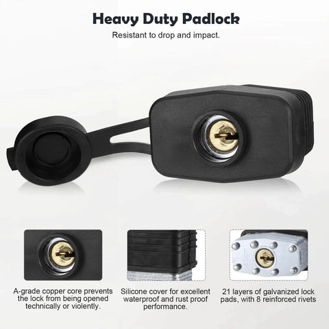 Close-up of heavy-duty black padlock with A-grade copper core and waterproof silicone cover, part of 4 Inch Stainless Steel Hasp Latch With Padlock Keys And Screws.