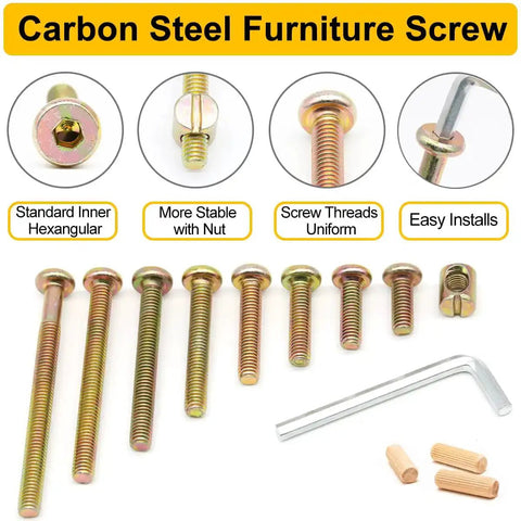 54 Piece Crib Screws And Nuts Kit With Hex Socket Cap Screws, Barrel Nuts, And Wooden Dowels Including M6 Fasteners
