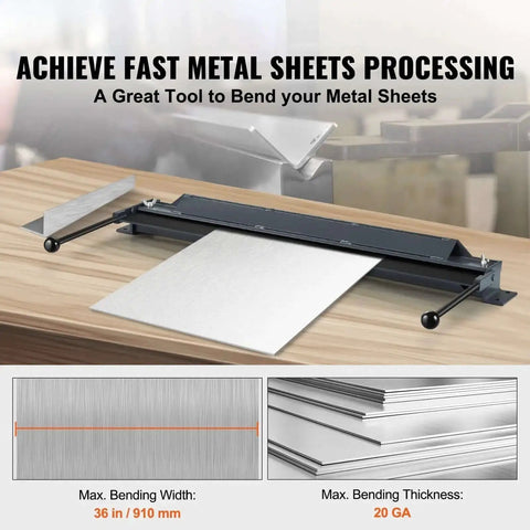 36 Inch Box And Pan Brake With Power Handle Bends 20 Gauge Steel And 14 Gauge Aluminum on workbench with metal sheets