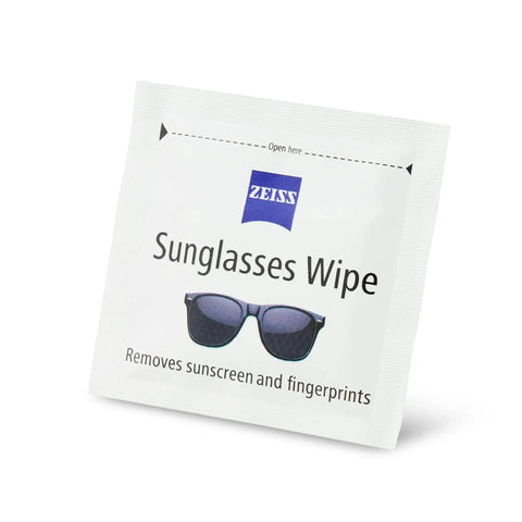 ZEISS Pre-Moistened Sunglasses Cleaning Wipes For Smudge Removal 240 Count single wipe package with sunglasses graphic