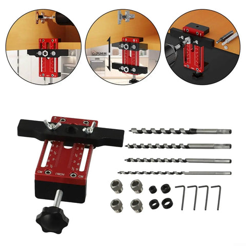 Heavy Duty Cabinet Door Positioner Clamp, Adjustable Aluminum Alloy Vertical Installation Tool for precise door alignment in kitchen and bathroom cabinets. Includes drill bits and hardware.