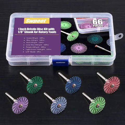 66 Piece Pro Grade Radial Bristle Disc Abrasive Kit For Rotary Tools With One Eighth Inch Shank Includes Mixed Grit 80 120 220 400 600 1000 For Polishing Deburring Finishing And Cleaning, displayed in open case with several discs and shanks visible on black background.