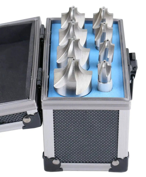Corner Rounding End Mill Set Pro Grade HSS Right Hand Cut 1 16th to 3 8th Inch 8 Pc Form Relieved Sharpenable For Ferrous And Nonferrous Metals Includes Aluminum Case Accusize displayed in open case.