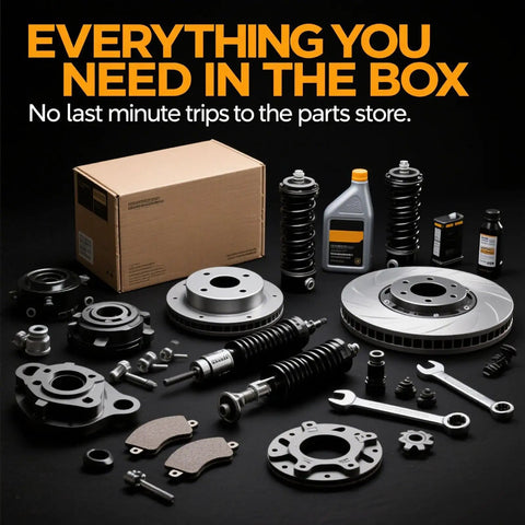 Box of auto parts including wheel bearing, hub assembly, brake parts, and oil for vehicle maintenance and repair.