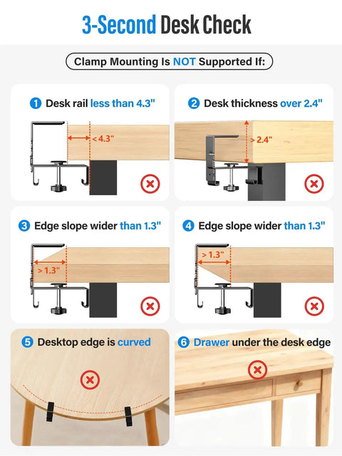 Diagram showing unsupported clamp mounting conditions for desks, including specific measurements, edge slopes, curve, and drawer presence.