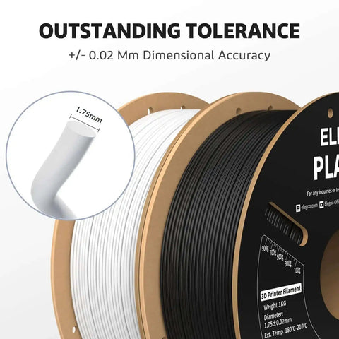 Close-up of white and black 1.75mm PLA filament spools with 0.02mm dimensional accuracy, highlighting print tolerance and precision.