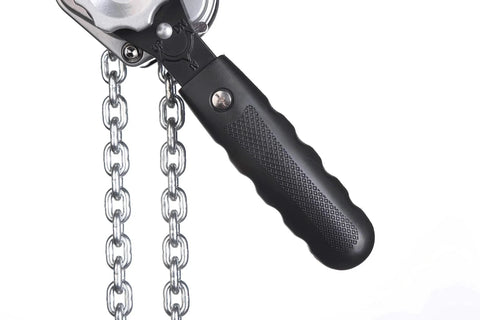 Compact Half Ton Chain Lever Hoist Come Along With 1100 Lbs Capacity showing handle and chains close-up