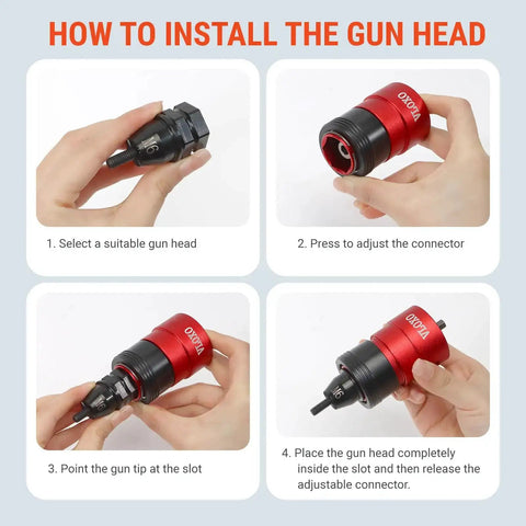 Rivet Nut Drill Adapter Kit For Electric Drills, Upgraded Pro Rivet Gun Set installation steps with hands and gun head.