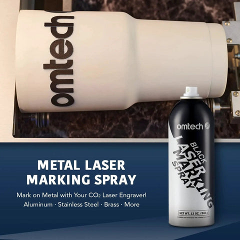 High Contrast Metal Laser Marking Spray For CO2 And Fiber Lasers, 13oz Aerosol Black Ink by OMTech shown with CO2 laser engraver.