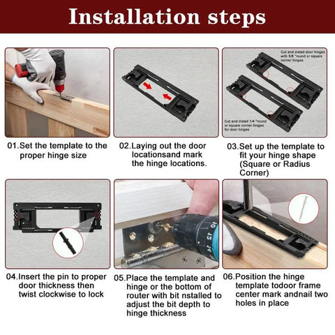 Step-by-step installation guide using Heavy Duty Hinge Jig Kit For Doors With Eight Size Options From Two Point Five To Six Inches And Five Thicknesses Includes Router Mortise For Precise Install Easy Setup For DIY And Pro Use At Home Or In The Shop.