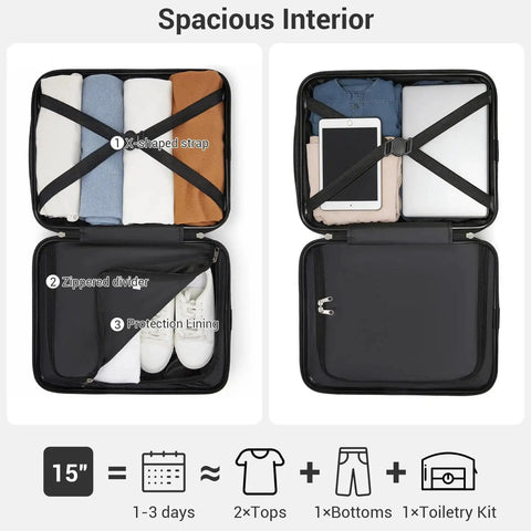Inside view of underseat carry-on luggage showing organized compartments, X-shaped strap, zippered divider, fits 15-inch items.