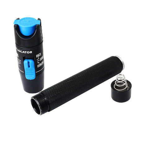 SinLoon visual fault locator, black knurled tube with blue end cap, blue switch, and separate cap with spring