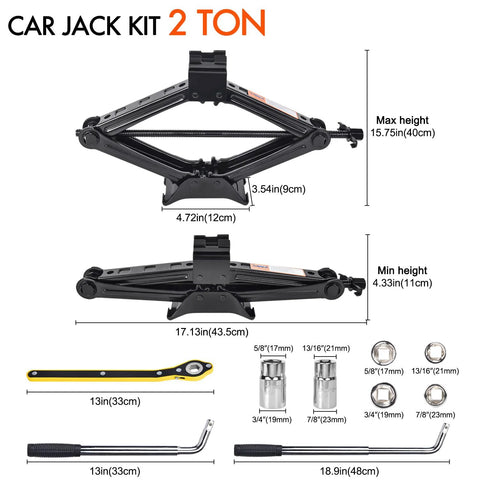 Scissor car jack kit, 2-ton capacity, black steel, with lug wrench, four sockets, and handles for tire changing