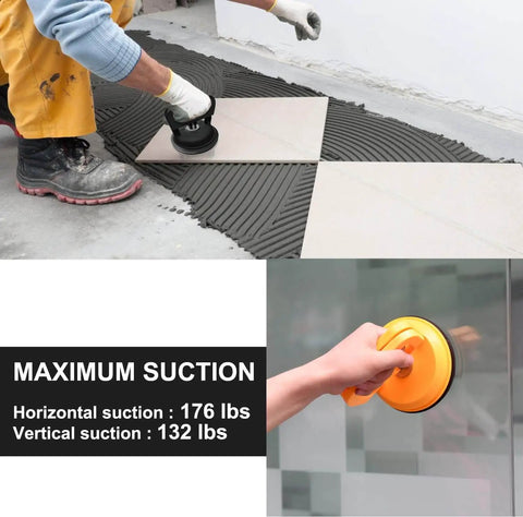 Person using Heavy Duty Glass Vacuum Lifter With 5 Inch Suction Cup Power Grip For Glass Tiles Mirrors Granite; maximum suction shown in use