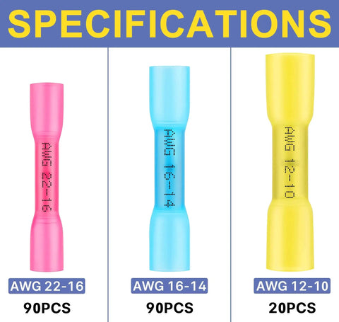 Heat shrink butt connectors set in pink, blue and yellow; AWG 22-16 90 pcs, AWG 16-14 90 pcs, AWG 12-10 20 pcs