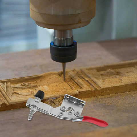Heavy Duty Quick Toggle Clamps Horizontal Downward Push Metal Hand Tools for DIY Workholding and Woodworking Fixtures Anti Rust Electroplated Finish Adjustable Thickness for Iron Plates and Wood Projects in use with woodworking machine.