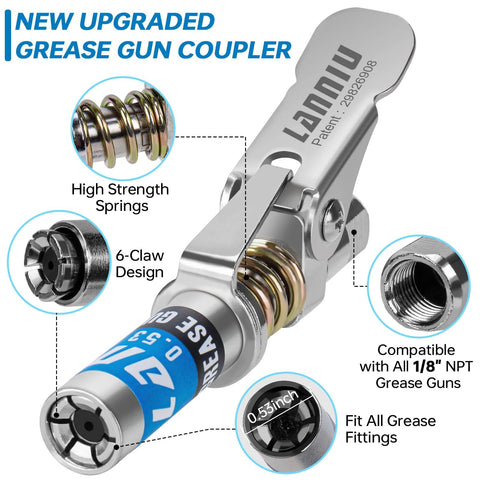 Grease gun coupler, 0.53 in tip, chrome-plated metal with locking lever and 6-claw design.
