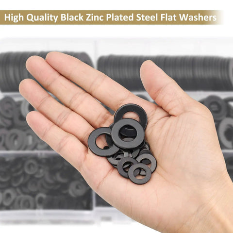 Heavy Duty Black Zinc Plated Steel Flat Washers Set With Fender Washers And Lock Washers in hand