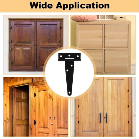 14 Pack 4 Inch T Hinge Heavy Duty Shed Door Hinges installed on various wooden doors and cabinets, showcasing wide application.