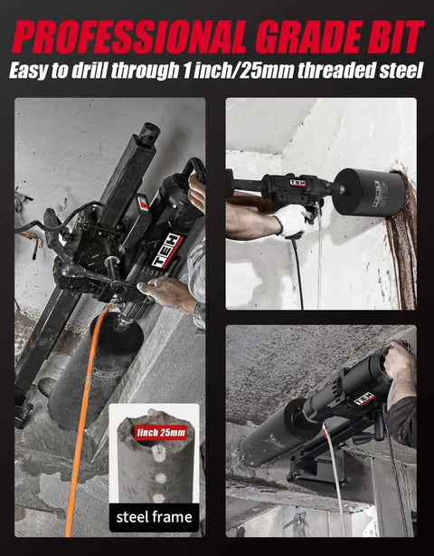 Person using Beastly 3 Inch Wet Diamond Core Drill Bit For Reinforced Concrete And Masonry One And A Quarter Inch Thread 14 Inch Drilling Depth Fast Cutting With Upgraded Teeth And Low Noise Great For Concrete Block And Hard Masonry TEHify on concrete wall